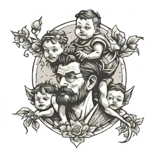 Father With Two Small Kids On The Shoulders On Earth