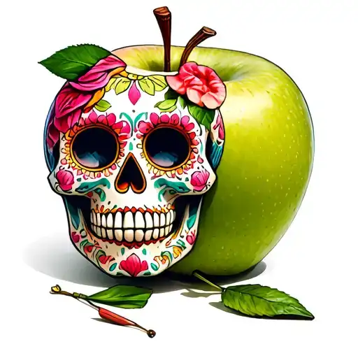 Sugar Skull In Front Of A Granny Smith Apple