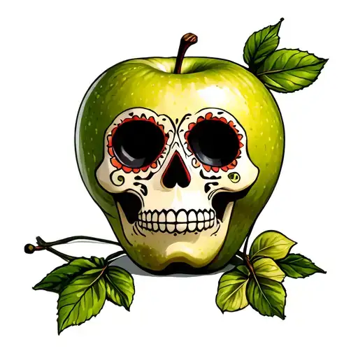Sugar Skull In Front Of A Granny Smith Apple