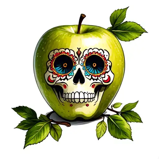 Sugar Skull In Front Of A Granny Smith Apple