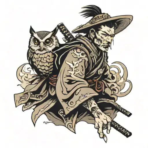 Samurai With Owl Flying