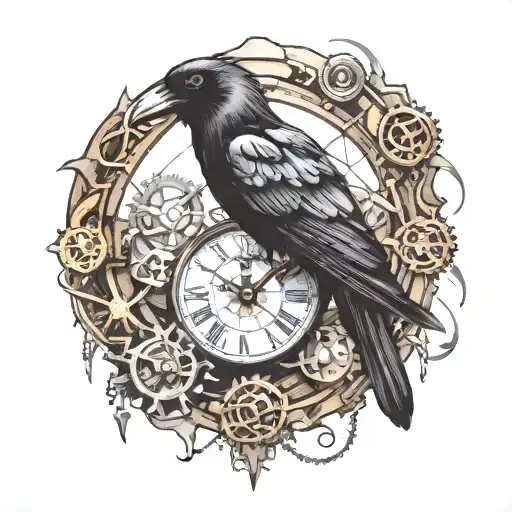 Steampunk Broken Clock Raven Crow Compass Surrounded