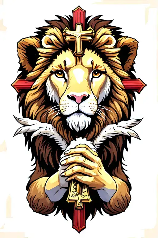Lion The Lamb With Crosses And The Hand Of Jesus Christ