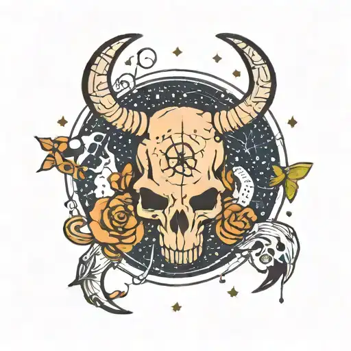 Cancer Pisces Symbol With Constellation Intertwined Longhorn Skull
