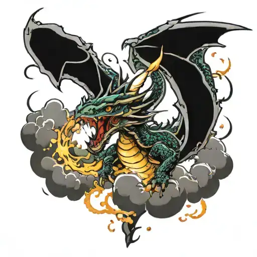An Aggressive Dragon Floating Through The Clouds And Sparks Fly Away From It