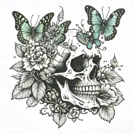 Skull With Moss And A Flower Growing On Top And A Butterfly On The Moss