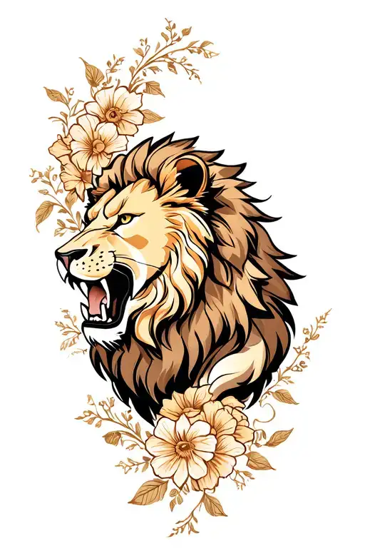 Neo-traditional Lion Snarling With Floral Border