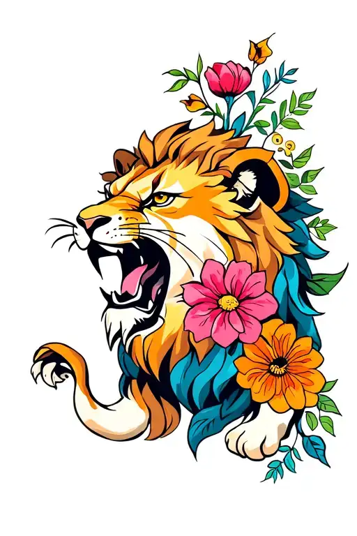 Bright Coloured Neo-traditional Lion Snarling With Flowers