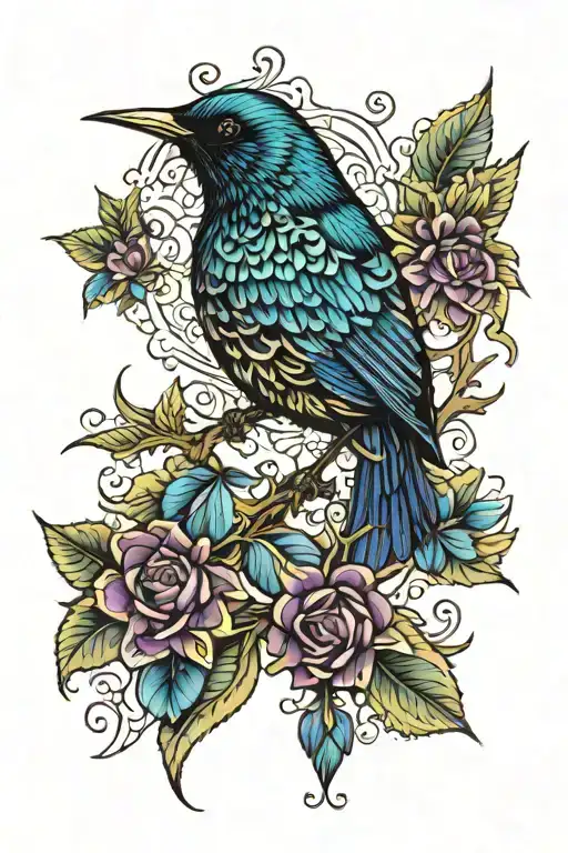 Starling Bird With Lace And Colors