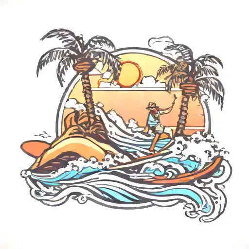 Ski Mountain Surfing Beach Scene With Palm Trees