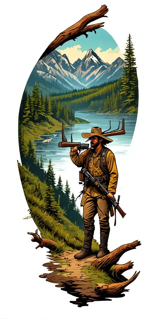 Hunting And Outdoor Scene With Mountains