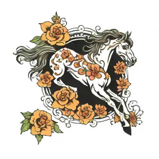 Leaping Horse And Flowers Surrounding