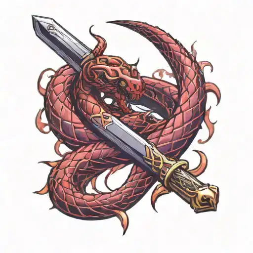 Red Snake Coiled Around A Longsword With Purple Tinted Flames