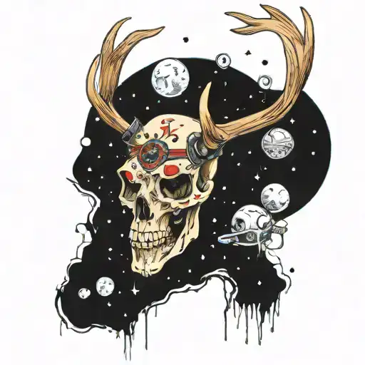 Whitetail Deer Skull With Astronaut Sitting On Antlers And Planets Hanging From Antlers