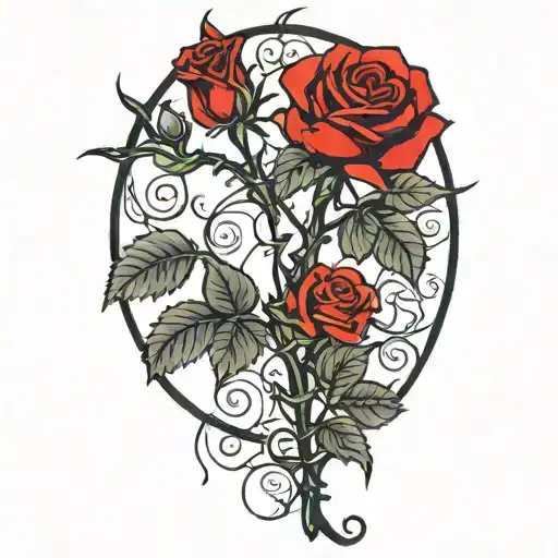 Red Roses With Black Stems Black Leaves And Black Thorns On A Vine With An Iron Background