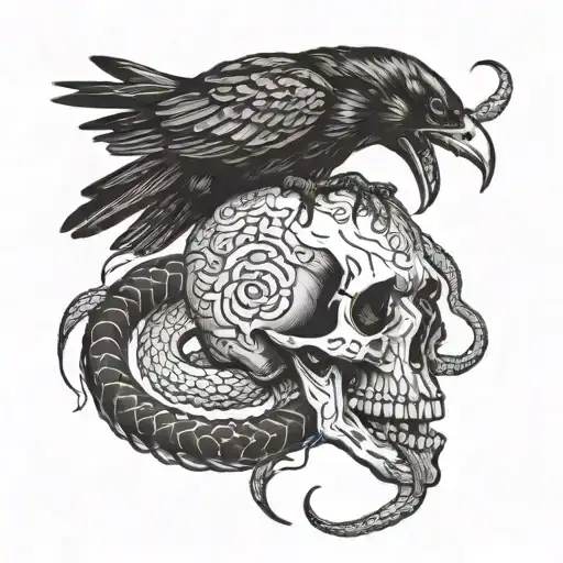 Crow Fighting A Snake On A Skull