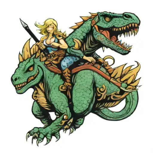 Blonde Amazonian Warrior Riding A Dinosaur Into Battle