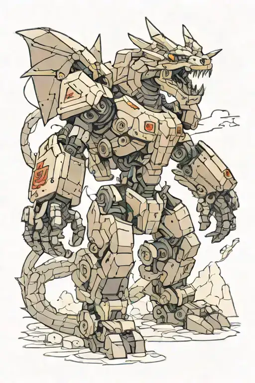Illustrate A Diesel-powered Mech Robot Battling A Dragon In A Minecraft-inspired Landscape