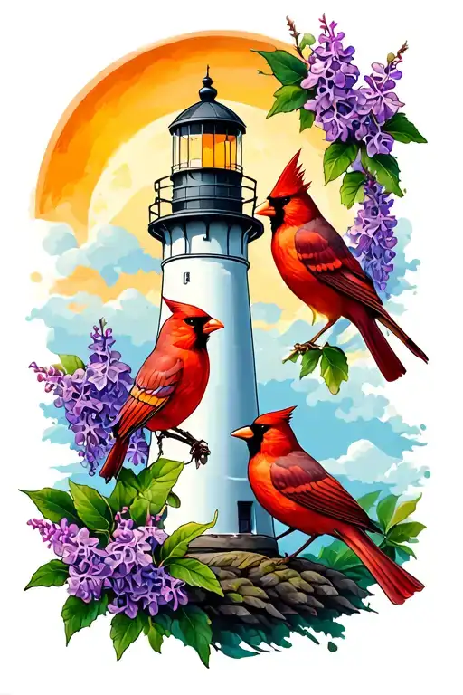 Lighthouse And Cardinals And Lilacs