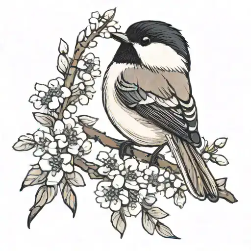 Pussy Willow Branch With Black And White Chickadee