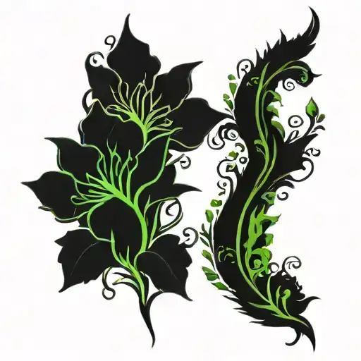 Minimalistic Vertical Spine Tattoo That Is Mostly Black With Some Green