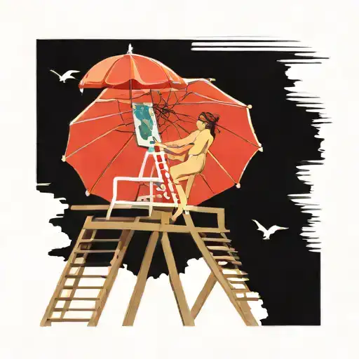 Lifeguard Stand With One Chair High In The Air At Pool With Umbrella