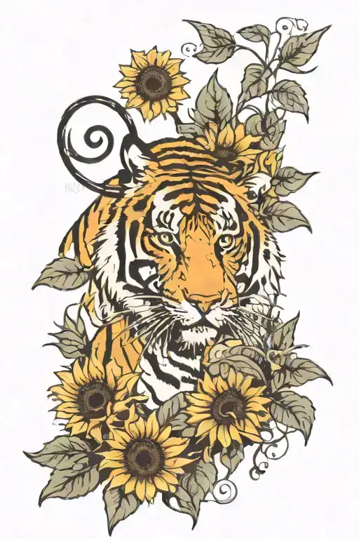 Tiger And Sunflower Surrounded