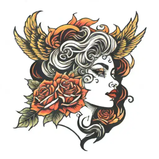 Part Girl Face With Phoenix Rising From Burning Roses