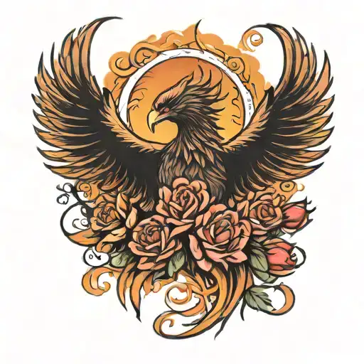 Phoenix Rising From Flames Surrounded With Roses
