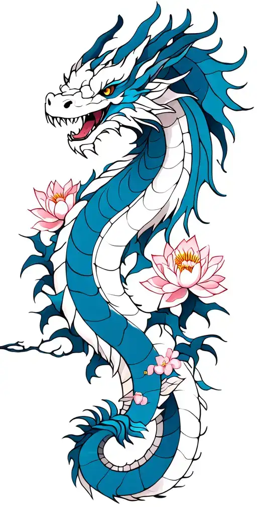 White And Blue Dragon With Lotus Blossom And Cherry Blossom Tree