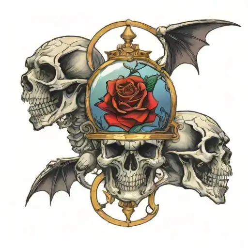 Rose And Skull Inside Hour Glass With Fire Breathing Dragon