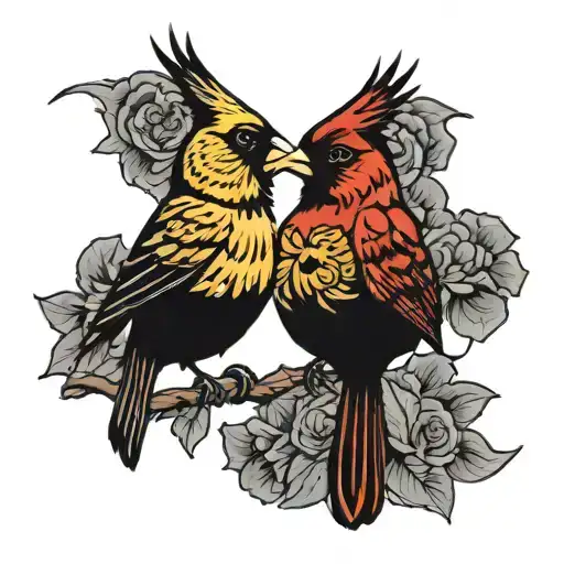 Cardinal And Gold Finch Touching Heads