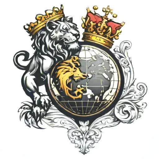 Globe Next To Black Lion With Crown