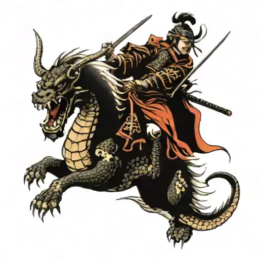 Samurai Warrior Riding A Dragon Into Battle