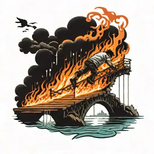 Burning Bridge With Person Jumping From Into Water
