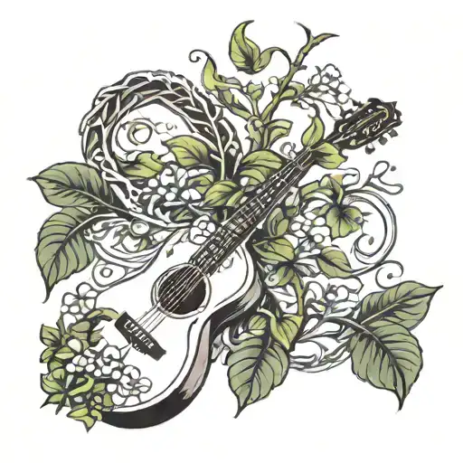 An Intricate Design Of A Coffee Plant Growing Around A Guitar With A Gecko Resting On Top