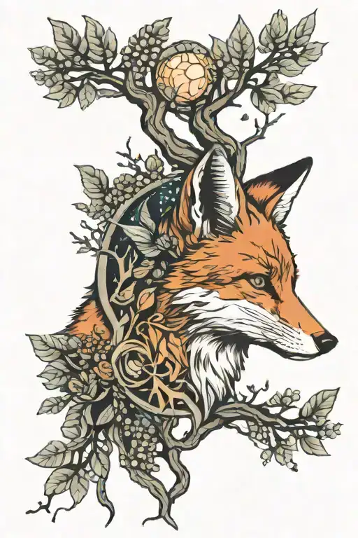The Head Of A Fox And Above It The Tree Of Life Forest In Space