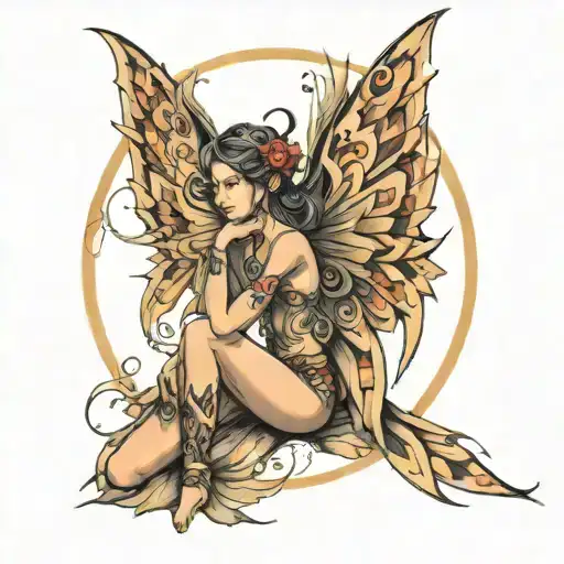 Fairy With Tribal Wings Tattoo Sketch