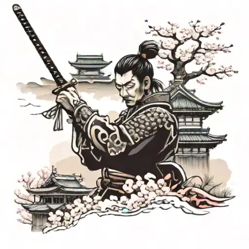 Samurai Against The Backdrop Of Japanese Forts With Sakura And A Japanese Palace