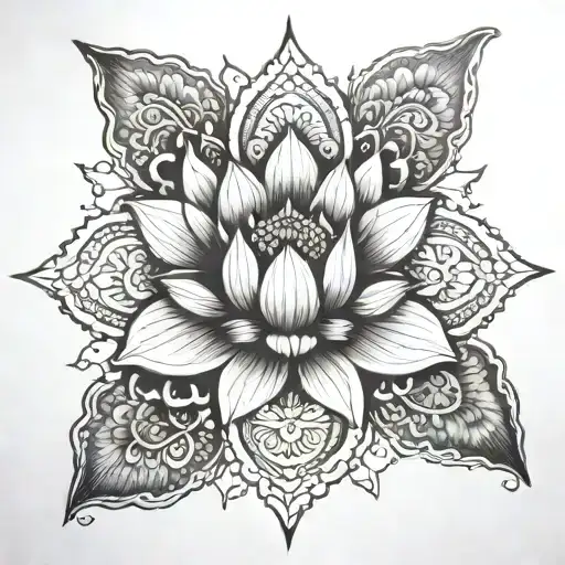 Lotus And Nearby Mandala Of Prosperity Black And White
