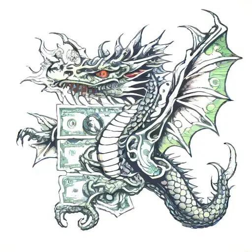 A Fire-breathing Dragon Wrapped Around Dollar Bills