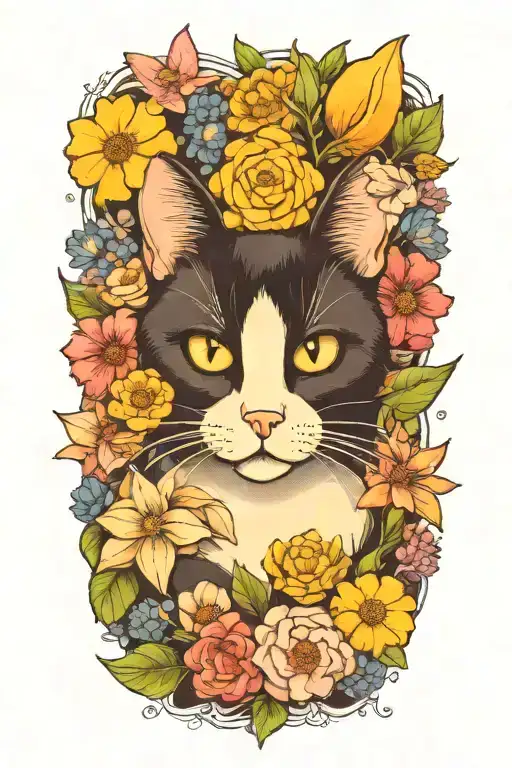 A Tuxedo Cat Surrounded By Flowers Coming