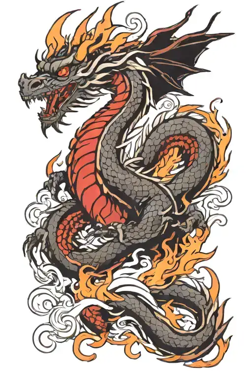 Dragon On Fire In Japanese Style Black And Red Colors
