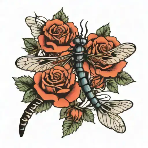 Simple Thick Blackline Dragonfly With Roses Intertwined