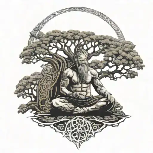 Viking Warrior Meditates In Front Of The Buddhist Tree Of Life