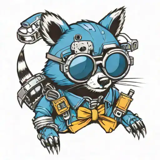 Blue Robot Raccoon Wearing Sunglasses Cartoon Style