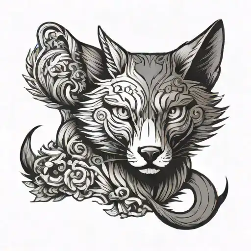 Line Art Tattoo Cat And Wolf