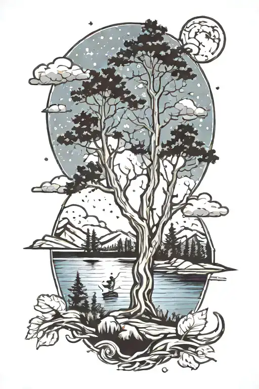 Father Son Lake Trees Night Sky