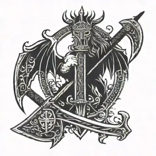 Viking Battle Axe With Sword With Crown And Dragon Silhouette
