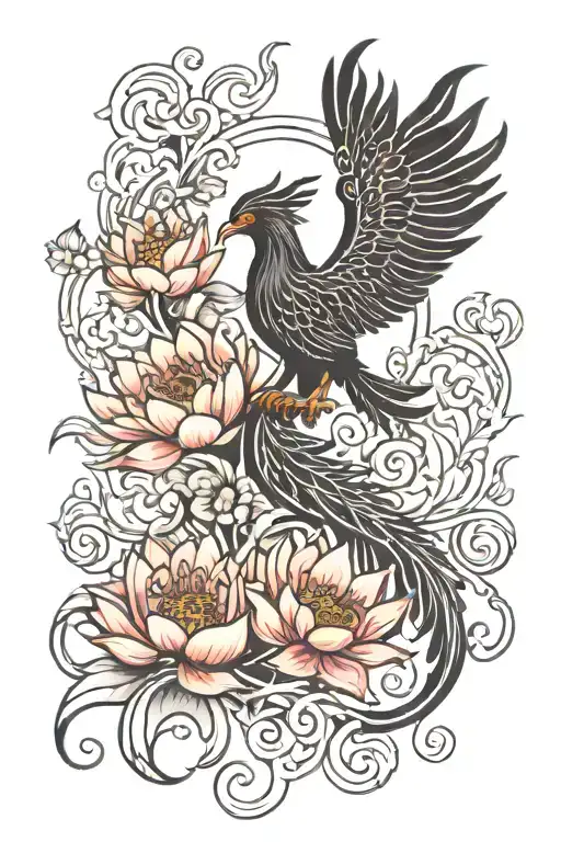 Black Phoenix Bird Surrounded By Red Lotus Flowers Intertwined